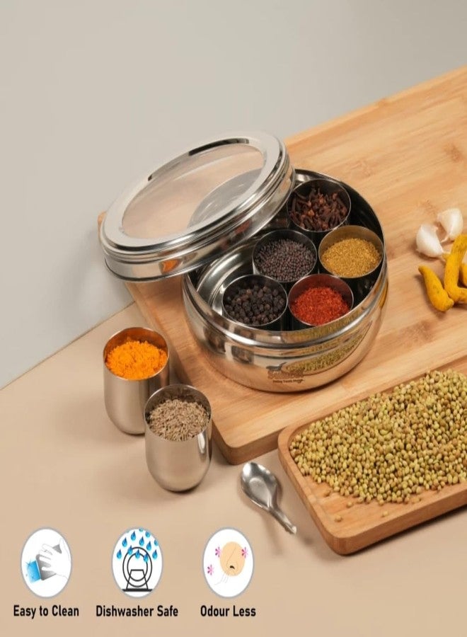 DARAZ علبة توابل داراز الكلاسيكية من الفولاذ المقاوم للصدأ | علبة توابل | علبة ماسالا | منظم بغطاء زجاجي شفاف، يحتوي على 7 علب وملعقة صغيرة، فضي اللون - Image 4